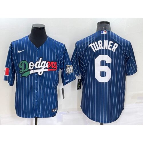 6863557e1642a_1 Men's Los Angeles Dodgers #6 Trea Turner Navy Mexico World Series Cool Base Stitched Baseball Jersey