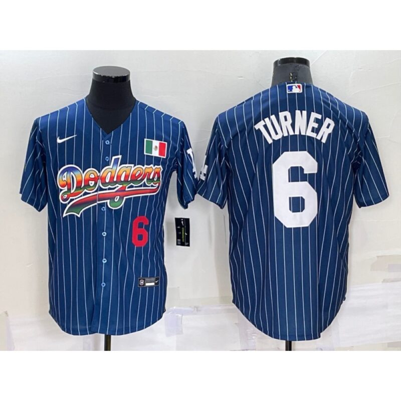 686355850e97a_1 Men's Los Angeles Dodgers #6 Trea Turner Navy Mexico Rainbow Cool Base Stitched Baseball Jersey