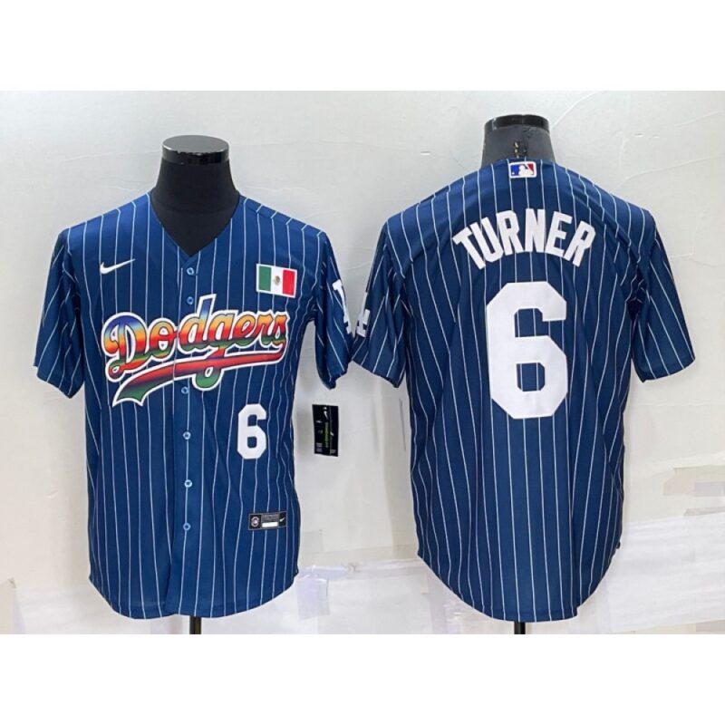 6863558bd4c43_1 Men's Los Angeles Dodgers #6 Trea Turner Navy Mexico Rainbow Cool Base Stitched Baseball Jersey