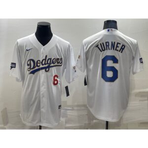 6863559909304_1 Men's Los Angeles Dodgers #6 Trea Turner White Gold Championship Cool Base Stitched Baseball Jersey