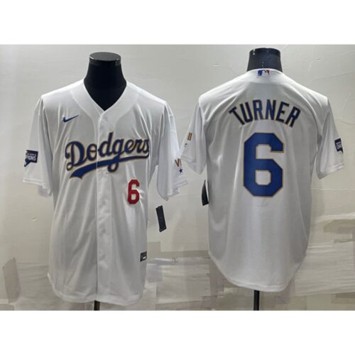 6863559909304_1 Men's Los Angeles Dodgers #6 Trea Turner White Gold Championship Cool Base Stitched Baseball Jersey