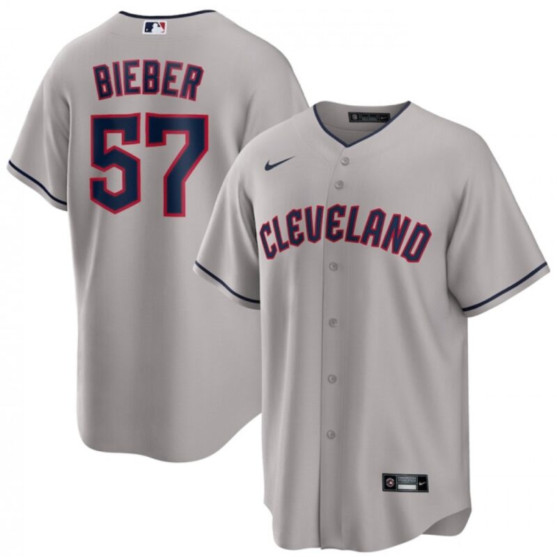 686355c9cd5f5_1 Men's Cleveland Guardians #57 Shane Bieber Grey Cool Base Stitched Jersey