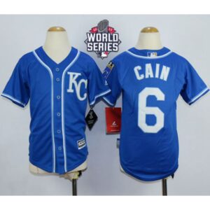 68635664b8a64_1 Royals #6 Lorenzo Cain Blue Alternate 2 Cool Base W/2015 World Series Patch Stitched Youth MLB Jersey