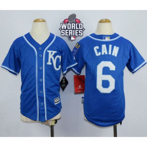 68635664b8a64_1 Royals #6 Lorenzo Cain Blue Alternate 2 Cool Base W/2015 World Series Patch Stitched Youth MLB Jersey