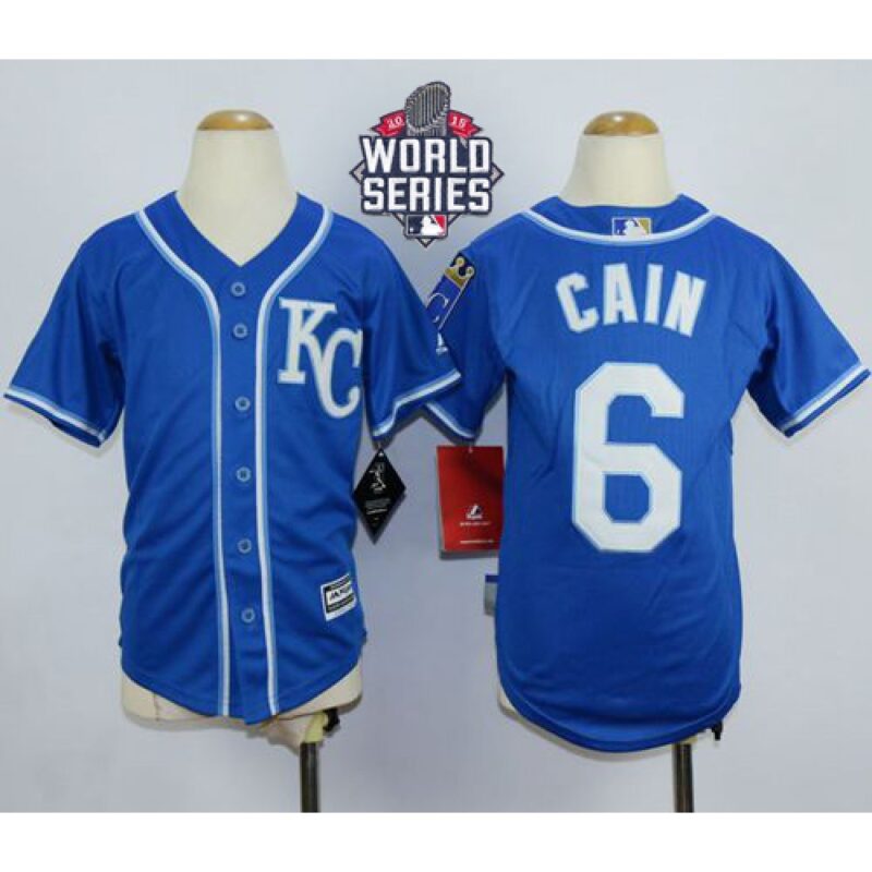 68635664b8a64_1 Royals #6 Lorenzo Cain Blue Alternate 2 Cool Base W/2015 World Series Patch Stitched Youth MLB Jersey