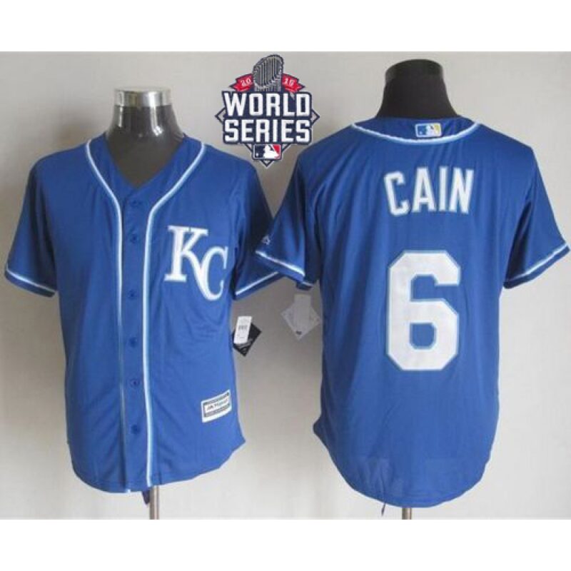 6863566a8d5fb_1 Royals #6 Lorenzo Cain Blue Alternate 2 New Cool Base W/2015 World Series Patch Stitched MLB Jersey