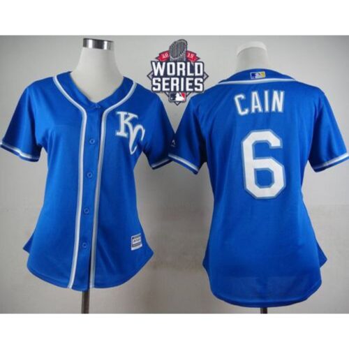 6863566dc15af_1 Royals #6 Lorenzo Cain Blue Alternate 2 W/2015 World Series Patch Women's Stitched MLB Jersey