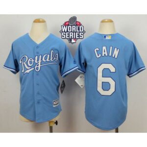 686356758a9f0_1 Royals #6 Lorenzo Cain Blue Cool Base Alternate 1 W/2015 World Series Patch Stitched Youth MLB Jersey