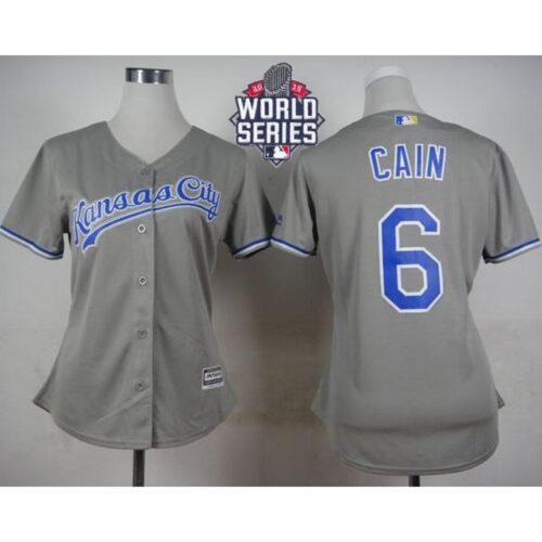 686356a2abbec_1 Royals #6 Lorenzo Cain Grey Road W/2015 World Series Patch Women's Stitched MLB Jersey
