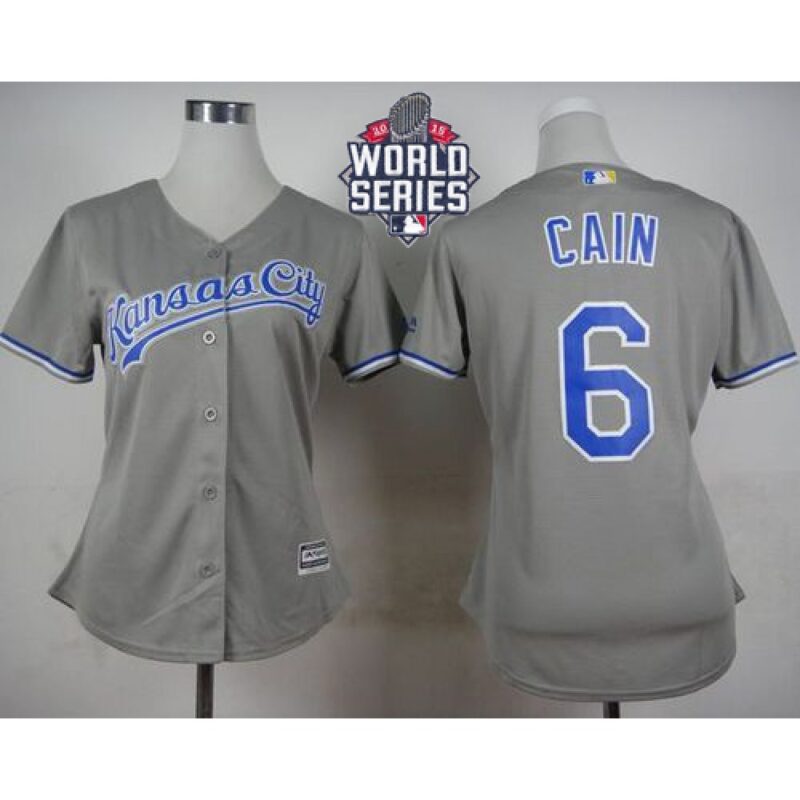 686356a2abbec_1 Royals #6 Lorenzo Cain Grey Road W/2015 World Series Patch Women's Stitched MLB Jersey
