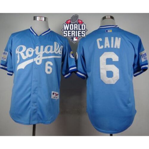 686356ab08a69_1 Royals #6 Lorenzo Cain Light Blue 1985 Turn Back The Clock W/2015 World Series Patch Stitched MLB Jersey