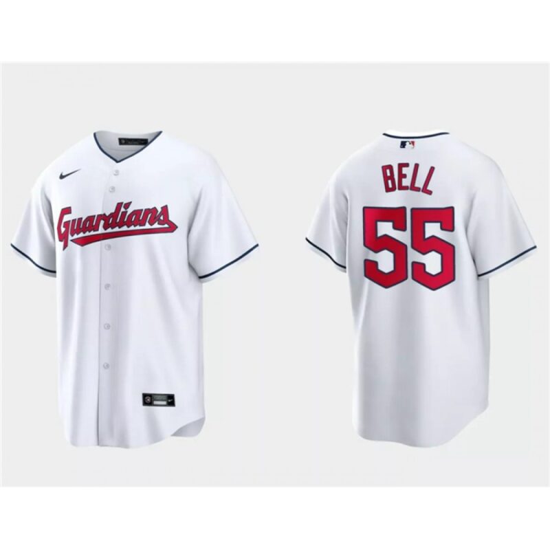 686357482c2a7_1 Men's Cleveland Guardians #55 Josh Bell White Cool Base Stitched Jersey