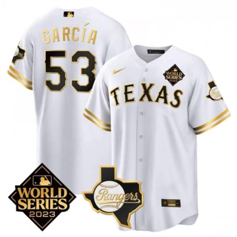 68635a93d5a60_1 Men's Texas Rangers & Cowboys #53 Adolis Garcia White 2023 World Series Splite Stitched Baseball Jersey