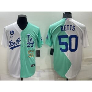68635d70bb5ce_1 Men's Los Angeles Dodgers #50 Mookie Betts 2022 All-Star White/Green Cool Base Stitched Baseball Jersey