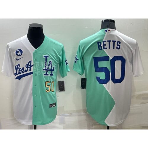 68635d70bb5ce_1 Men's Los Angeles Dodgers #50 Mookie Betts 2022 All-Star White/Green Cool Base Stitched Baseball Jersey