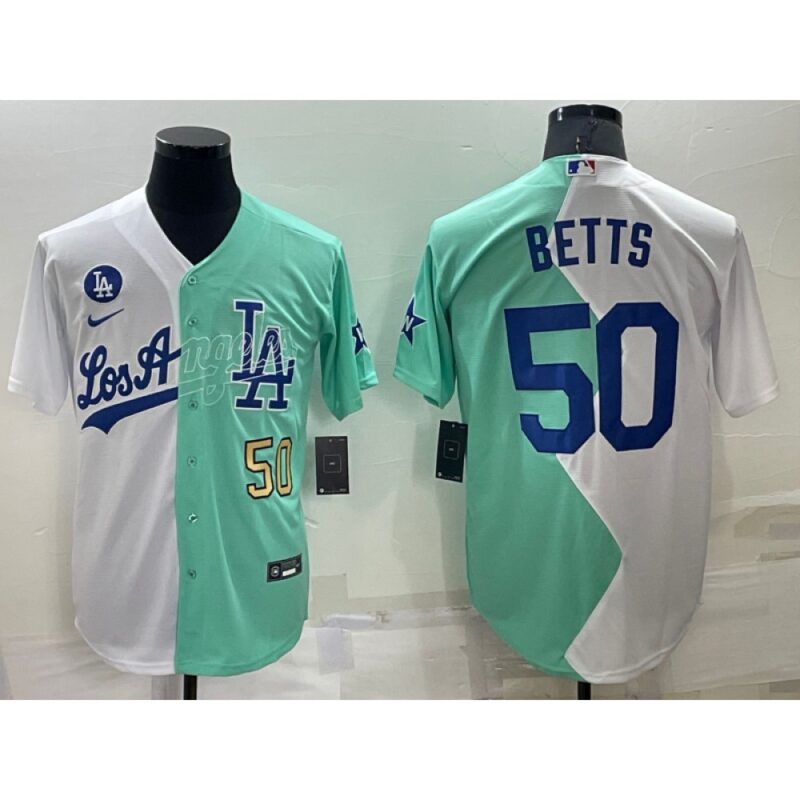 68635d70bb5ce_1 Men's Los Angeles Dodgers #50 Mookie Betts 2022 All-Star White/Green Cool Base Stitched Baseball Jersey