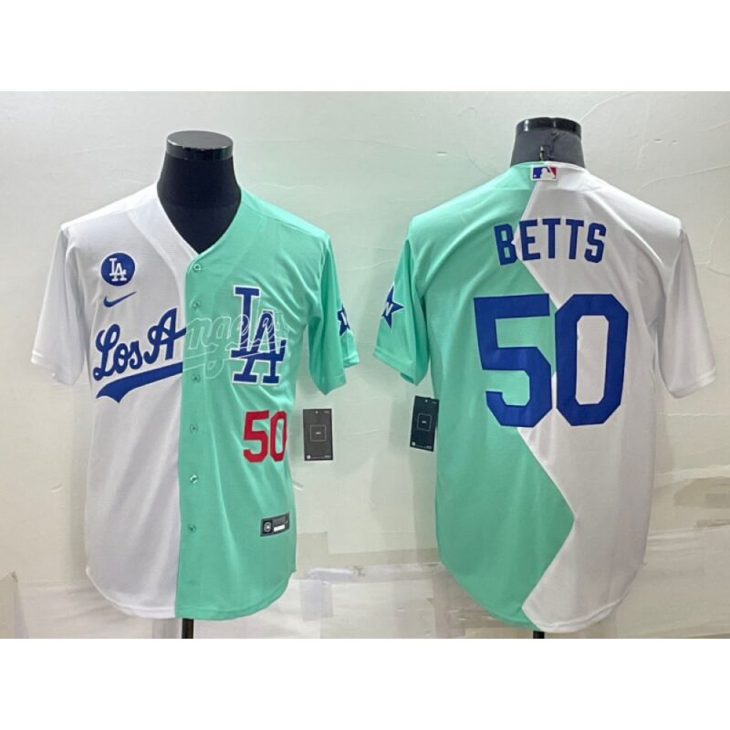 68635d7765e10_1 Men's Los Angeles Dodgers #50 Mookie Betts 2022 All-Star White/Green Cool Base Stitched Baseball Jersey