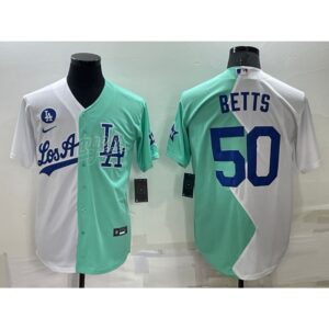 68635d7ab7649_1 Men's Los Angeles Dodgers #50 Mookie Betts 2022 All-Star White/Green Cool Base Stitched Baseball Jersey