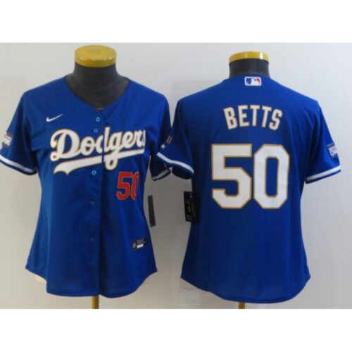 68635d8a56281_1 Women's Los Angeles Dodgers #50 Mookie Betts Blue Gold Championship Cool Base Stitched Jersey(Run Small)