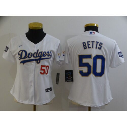68635d979eebe_1 Women's Los Angeles Dodgers #50 Mookie Betts White Gold Championship Cool Base Stitched Jersey(Run Small)