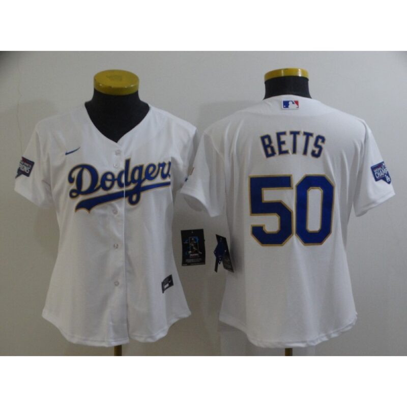 68635d9a5b4f2_1 Women's Los Angeles Dodgers #50 Mookie Betts White Gold Championship Cool Base Stitched Jersey(Run Small)