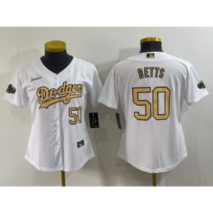 68635d9f73421_1 Women's Los Angeles Dodgers #50 Mookie Betts 2022 All-Star White Stitched Baseball Jersey(Run Small)