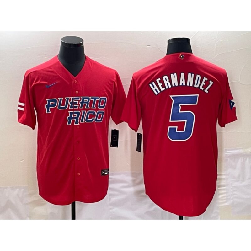 68635e5e914ca_1 Men's Puerto Rico Baseball #5 Enrique Hernandez 2023 Red World Baseball Classic Stitched Jersey