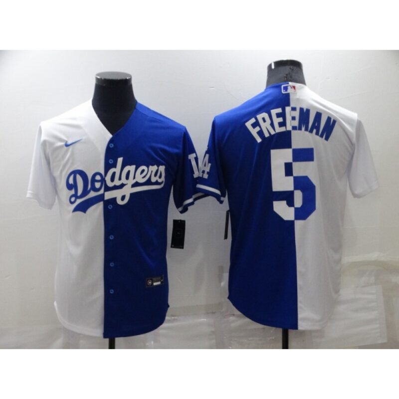 68635faadb5d1_1 Men's Los Angeles Dodgers #5 Freddie Freeman White/Blue Split Cool Base Stitched Baseball Jersey
