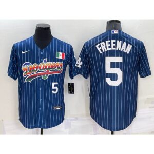 68636018c282e_1 Men's Los Angeles Dodgers #5 Freddie Freeman Navy Mexico Rainbow Cool Base Stitched Baseball Jersey