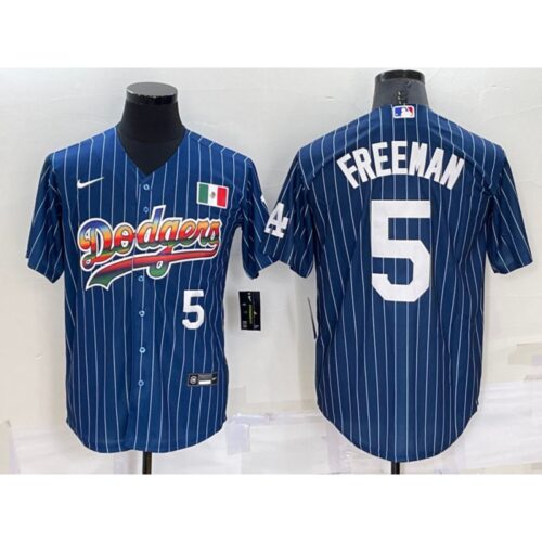 68636018c282e_1 Men's Los Angeles Dodgers #5 Freddie Freeman Navy Mexico Rainbow Cool Base Stitched Baseball Jersey