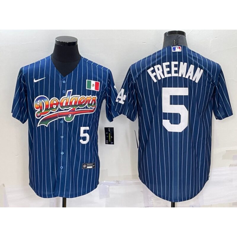 68636018c282e_1 Men's Los Angeles Dodgers #5 Freddie Freeman Navy Mexico Rainbow Cool Base Stitched Baseball Jersey