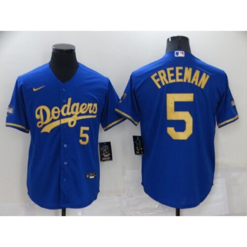 686360261710c_1 Men's Los Angeles Dodgers #5 Freddie Freeman Royal Gold Cool Base Stitched Baseball Jersey