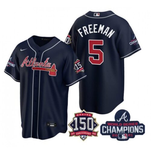 686360a7d6262_1 Men's Atlanta Braves #5 Freddie Freeman 2021 Navy World Series Champions With 150th Anniversary Patch Cool Base Stitched Jersey