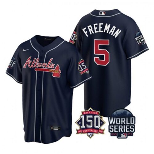 686360ab55525_1 Men's Atlanta Braves #5 Freddie Freeman 2021 Navy World Series With 150th Anniversary Patch Cool Base Stitched Jersey