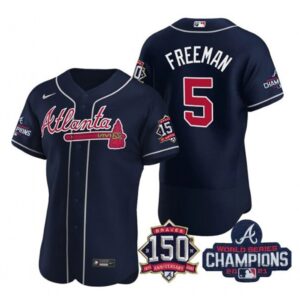 686360b1cbe44_1 Men's Atlanta Braves #5 Freddie Freeman 2021 Navy World Series With 150th Anniversary Patch Stitched Baseball Jersey