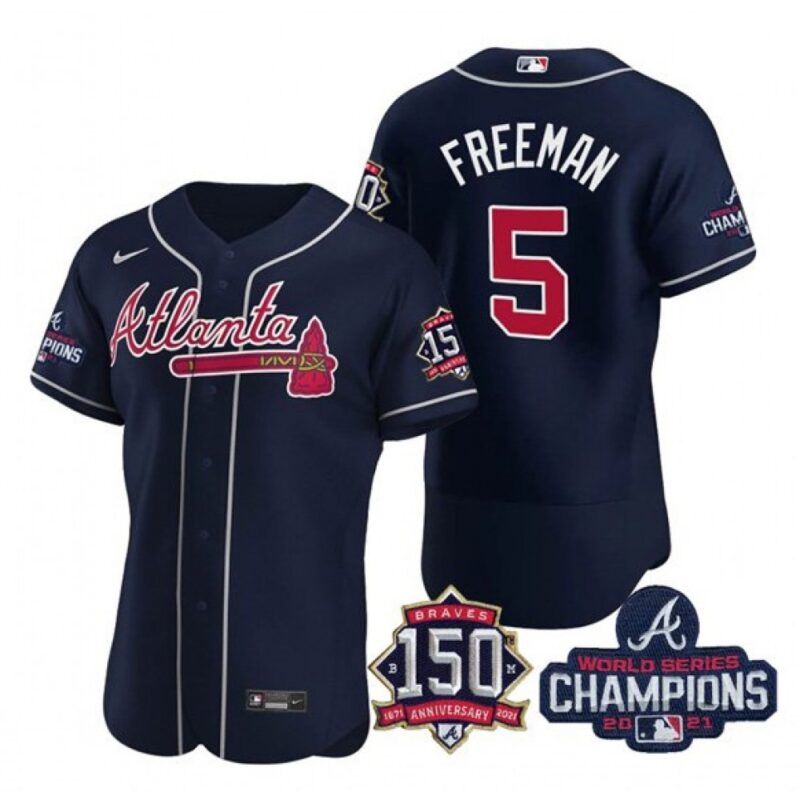686360b1cbe44_1 Men's Atlanta Braves #5 Freddie Freeman 2021 Navy World Series With 150th Anniversary Patch Stitched Baseball Jersey