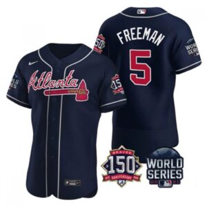 686360b5386f0_1 Men's Atlanta Braves #5 Freddie Freeman 2021 Navy World Series With 150th Anniversary Patch Stitched Baseball Jersey