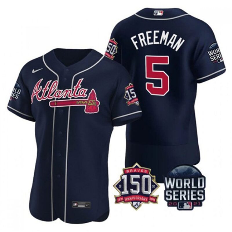 686360b5386f0_1 Men's Atlanta Braves #5 Freddie Freeman 2021 Navy World Series With 150th Anniversary Patch Stitched Baseball Jersey