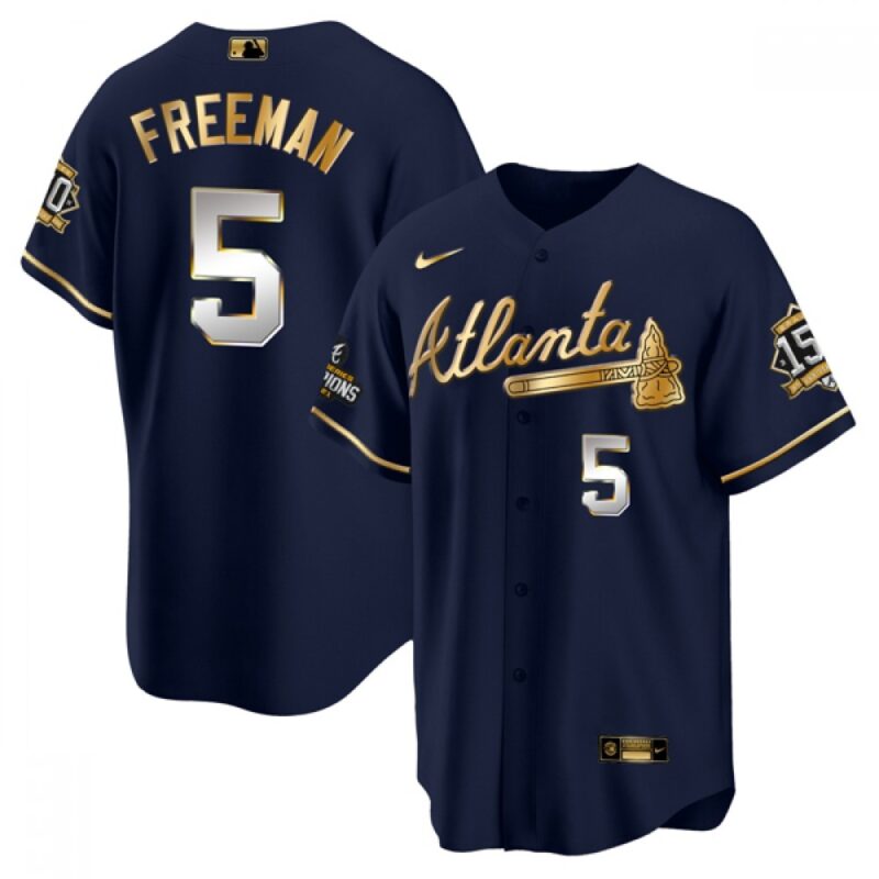 686360b89422e_1 Men's Atlanta Braves #5 Freddie Freeman 2021 Navy/Gold World Series Champions With 150th Anniversary Patch Cool Base Stitched Jersey