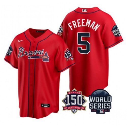 686360c2ad096_1 Men's Atlanta Braves #5 Freddie Freeman 2021 Red World Series With 150th Anniversary Patch Cool Base Stitched Jersey