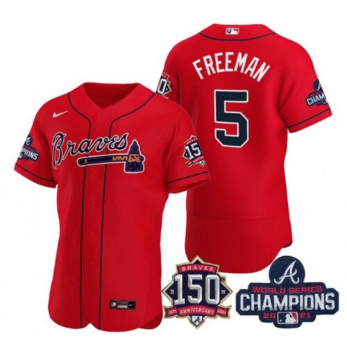 686360c62bf5d_1 Men's Atlanta Braves #5 Freddie Freeman 2021 Red World Series Champions With 150th Anniversary Flex Base Stitched Jersey