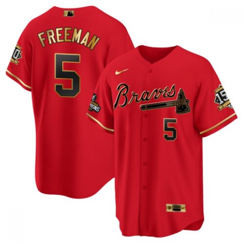 686360d0b0118_1 Men's Atlanta Braves #5 Freddie Freeman 2021 Red/Gold World Series Champions With 150th Anniversary Patch Cool Base Stitched Jersey
