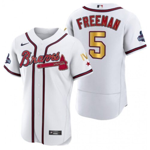 686360e1f004a_1 Men's Atlanta Braves #5 Freddie Freeman White Gold World Series Champions Flex Base Stitched Jersey