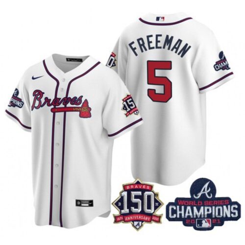 686360e542087_1 Men's Atlanta Braves #5 Freddie Freeman 2021 White World Series Champions With 150th Anniversary Patch Cool Base Stitched Jersey