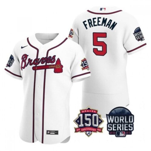 686360f2ee900_1 Men's Atlanta Braves #5 Freddie Freeman 2021 White World Series With 150th Anniversary Patch Stitched Baseball Jersey