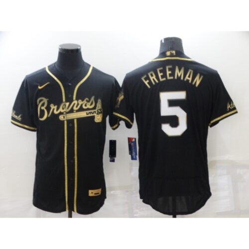 686361acef1e4_1 Men's Atlanta Braves #5 Freddie Freeman Black Golden Flex Base Stitched Jersey