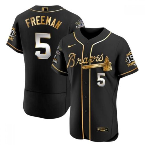 686361b046f04_1 Men's Atlanta Braves #5 Freddie Freeman Black Golden World Series Champions With 150th Anniversary Patch Flex Base Stitched Jersey