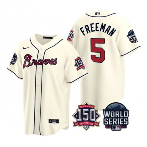 686361bd9e624_1 Men's Atlanta Braves #5 Freddie Freeman 2021 Cream World Series With 150th Anniversary Patch Cool Base Stitched Jersey