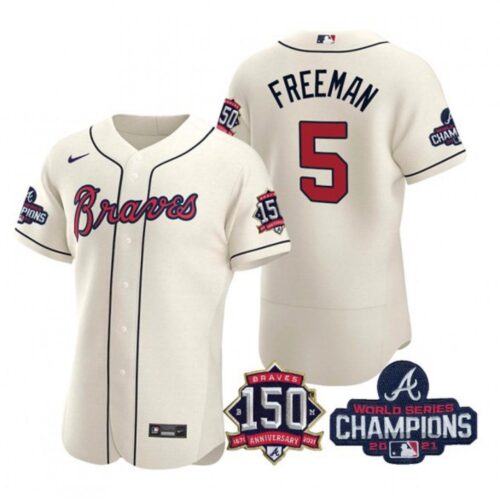 686361c1103fc_1 Men's Atlanta Braves #5 Freddie Freeman 2021 Cream World Series Champions With 150th Anniversary Flex Base Stitched Jersey