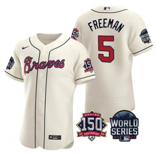 686361c452654_1 Men's Atlanta Braves #5 Freddie Freeman 2021 Cream World Series With 150th Anniversary Patch Stitched Baseball Jersey